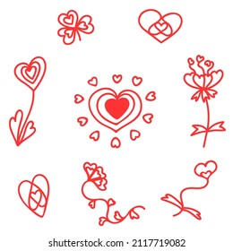 Vector set of red flowers in the form of hearts. Hand drawn botanical doodles for Valentine's Day design, decoration, banners, postcards, icons, packages, wallpapers, prints, textile and patterns