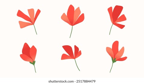 Conjunto de Vector de flores rojas. Elementos simples para el diseño del emblema de la flor. Plantillas del logotipo de la botánica. Ilustraciones florales dibujadas a mano para impresiones, volantes, Anuncios, invitaciones, diseño de marca, Clipart.