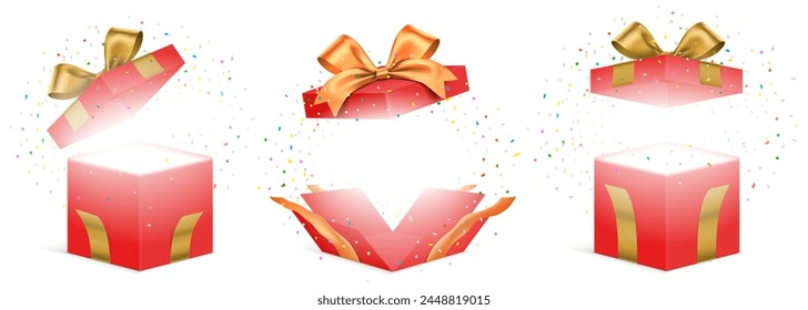 Vector set of red gift boxes with golden ribbons and exploded colorful confetti isolated on a white background. Unfolded surprise giftbox, vector illustration.