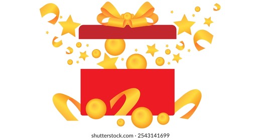 Conjunto de Vector de cajas de regalo rojas con cintas doradas aisladas sobre un fondo blanco. Caja de regalo sorpresa desplegada, Ilustración vectorial.