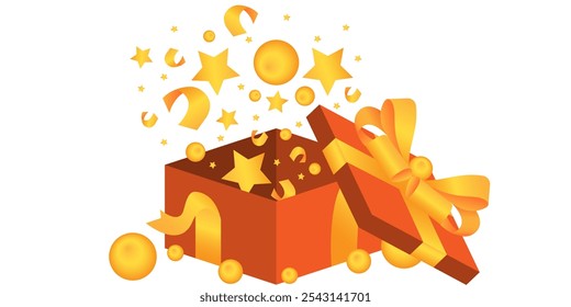 Conjunto de Vector de cajas de regalo rojas con cintas doradas aisladas sobre un fondo blanco. Caja de regalo sorpresa desplegada, Ilustración vectorial.