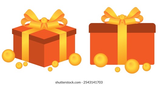 Conjunto de Vector de cajas de regalo rojas con cintas doradas aisladas sobre un fondo blanco. Caja de regalo sorpresa desplegada, Ilustración vectorial.