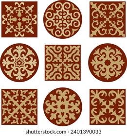 Vector set of red and gold signs Kazakh national ornament. Ethnic endless pattern of the peoples of the Great Steppe, 
Mongols, Kyrgyz, Kalmyks, Buryats. circle, frame border.