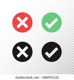 Vector set of red green black circle icon check mark icon isolated on transparent background. Approve and cancel symbol for design project. Flat button yes and no. Good and bad