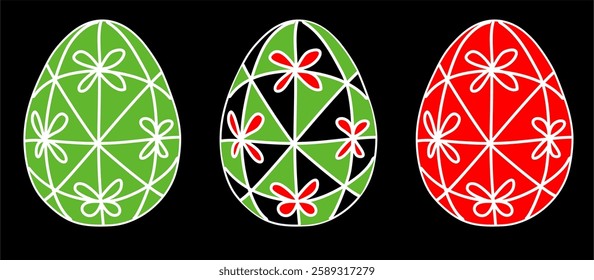 Vector set of red, green and black easter eggs with 
white pattern.
Fashion drawing for fabric, paper, textiles, 
notepad, clothing, card, packaging.
Bright design of happy easter celebration.