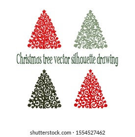 Vector set of red and green Christmas tree sketches silhouettes.New years spruce artistic decoration element. 