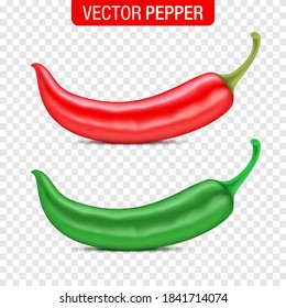 Vector set of red and green peppers isolated on background. Bent pepper with green stem, lying down on a transparent surface. Realistic chili pepper, with studio light effect and shadow.