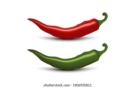 Vector set of red and green peppers isolated on white background. Realistic chili pepper, with studio light effect and shadow.
