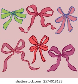 Vector set of red, green and pink bows. Hand-drawn gift bow isolated on pink background. Holiday illustration for design, print, fabric or background.