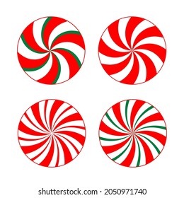 Vector set with red, green, white peppermint Christmas candies isolated on white background. Xmas traditional round sweets collection, graphic elements for Christmas greetings cards, home decoration.