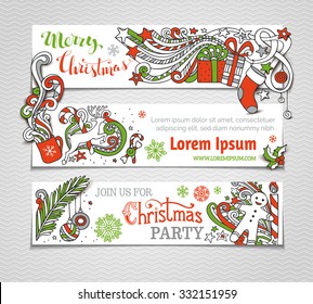 Vector set of red, green and white Christmas banners. Christmas tree and baubles, Santa sock, hat and beard, mistletoe, snowman, swirls and hand-written text, gingerbread man, sweets, ribbons.