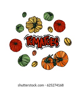 Vector set with red, green, yellow and orange tomatoes. Typography design elements for prints, cards, posters, products packaging, branding.