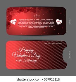 Vector set of red greeting card for Valentine's Day with heart pattern, stars, text and red gradient case with lines on the gray background.