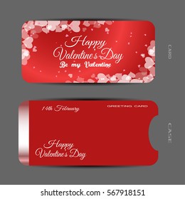 Vector set of red greeting card for Valentine's Day with heart pattern and red case with metal stripe on the gray background.