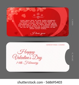 Vector set of red greeting card for Valentine's Day with heart pattern, text and white gradient case with lines on the gray background.