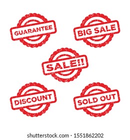 Vector set red grunge stamp sale, discount, sold out, vintage badge isolated vector template.