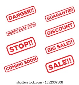Vector set red grunge stamp sale, discount, sold out, vintage badge isolated vector template.