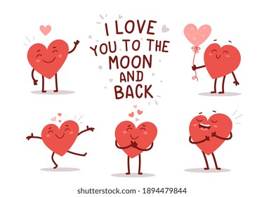 Vector set of red happy heart character in different poses with quote on white background. Romantic flat style Valentine's Day illustrations to express feelings of love