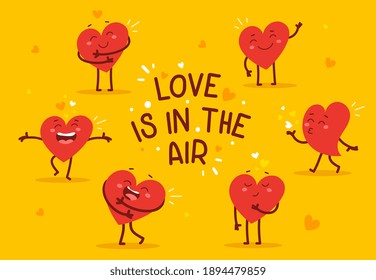 Vector set of red happy heart character in different poses with text on yellow background. Romantic flat style Valentine's Day illustrations to express feelings of love