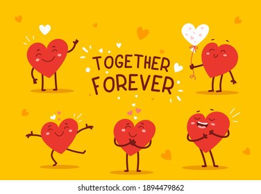 Vector set of red happy heart character together in different poses with text on yellow background. Romantic flat style Valentine's Day illustrations to express feelings of love