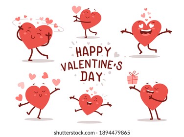 Vector set of red happy heart character in different poses with text on white background. Romantic flat style Valentine's Day illustrations to express feelings of love