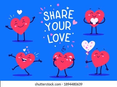 Vector set of red happy heart character in different poses with quote text on blue background. Romantic flat style Valentine's Day illustrations to express feelings of love