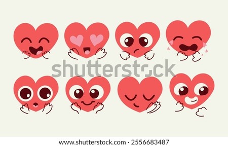Vector set of red happy heart character different emoji on white background. Romantic flat style Valentine's Day illustrations to express feelings of love .