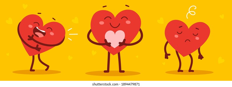 Vector set of red happy and sad heart character in different poses on yellow background with heart. Romantic flat style Valentine's Day illustrations to express feelings of love