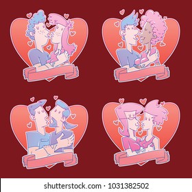Vector set of red heart emblems with banners and with four cartoon images of different loving couples of various people kissing on a red background. Valentine's Day. Love, wedding, holiday. 