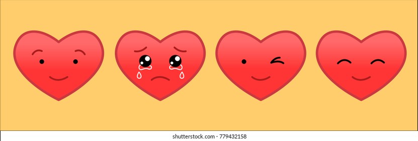 Vector set of red heart emoticons on yellow background.