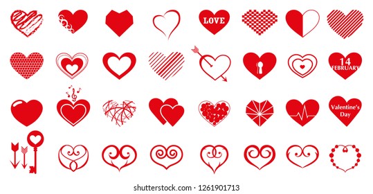 Vector set of red hearts. Drawings hearts of different shapes. Creative design hearts for Valentine’s Day and others.