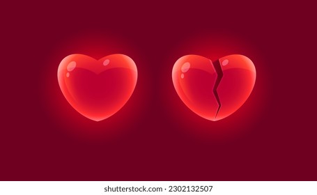 Vector set of red hearts in realistic style isolated from background. Broken heart. Game asset red glossy heart