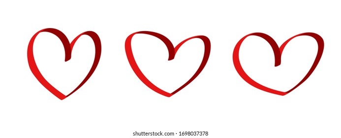 Silueta vectorial de corazones rojos de cinta aislada sobre fondo blanco. Símbolo de amor.