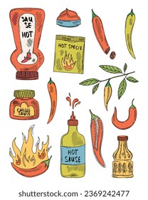 Vector set with red hot cayenne pepper. Fresh and dried pods, slices, seeds and powder. Spices. Elements for food design.