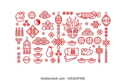 Vector set of red icons for design elements on Chines style. Isolated. Rat zodiac sign, symbol of 2020 on the Chinese calendar. White Metal Rat, dragon, lucky coins, lanterns, lucky knots. 