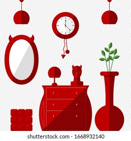 Vector set of red interior decor in a devil-style room: chandelier, mirror, chest of drawers, ottoman, vase, table lamp, wall clock and head of the Satan