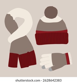 vector set of red knitted winter gloves, hat, and scarf illustration