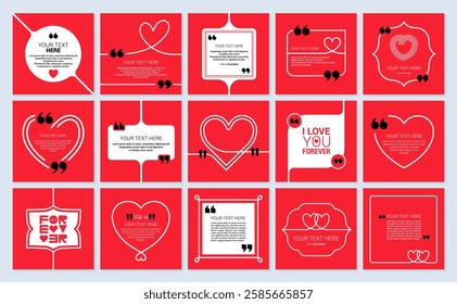 Vector Set of Red Love Theme Square Templates. Fifteen Outline Style Illustration with copy space, for Love, Celebrations, Valentine's Day, Weddings.