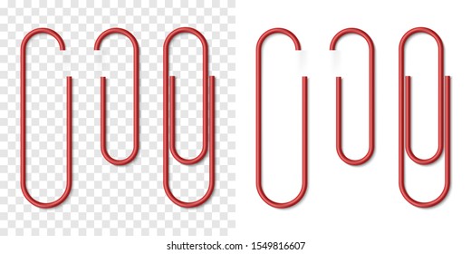 Vector set of red metallic realistic paper clip on white and transparent background. Plastic paperclips with soft shadow. 3D template for your design