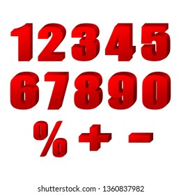 
Vector set of red numbers, in 3d style with percentage symbols. minus. a plus. Can be used to indicate discounts or benefits.