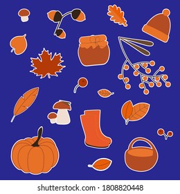 Conjunto vectorial de iconos de otoño de color rojo naranja sobre fondo azul profundo. Para paquetes de pegatinas, scrapbooking, ilustración para niños
