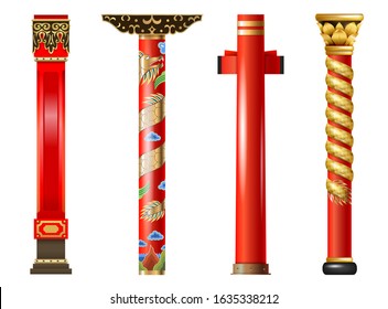 Vector set of red oriental columns of Chinese and Japanese, Thai. Pillars with decor