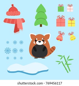 Vector set of red panda with xmas staff: lollipop, gifts, tree, iceberg, hat and scarf, bamboo and bells. Cartoon illustration