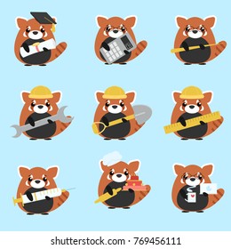 Vector set of red pandas various professions: Scientist, accountant, teacher, engineer, worker, builder, doctor, baker, programmer. Cute cartoon illustration
