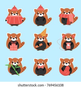Vector set red pandas in warm clothes with different subjects: bamboo, hat, scarf, gift, heart, bow. Cartoon cute illustration