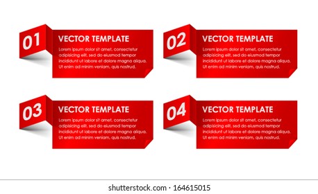 Vector set of red paper progress backgrounds. 1; 2; 3; 4 infographic with label; sticker; title
