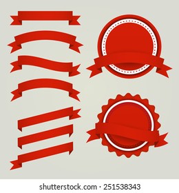 Vector Set of red paper ribbons, labels and badges