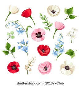 Vector set of red, pink, blue and white poppy flowers, bluebell flowers, lilac and lily of the valley flowers and green leaves isolated on a white background.