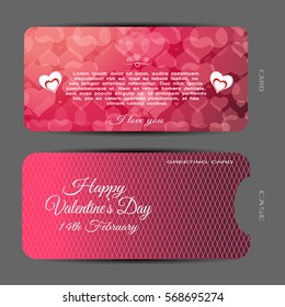 Vector set of red and pink greeting card for Valentine's Day with abstract pattern, text and white gradient case with lines on the gray background.