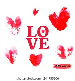 vector set of red pink grunge watercolour hearts with caption "LOVE" wet brush on white